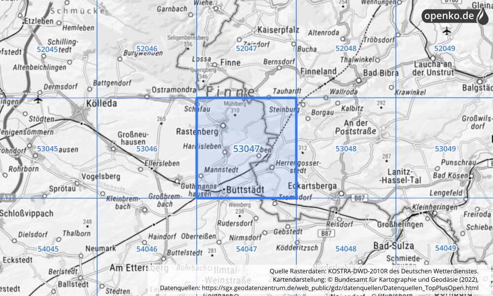 Übersichtskarte KOSTRA-DWD-2010R Rasterfeld Nr. 53047 mit angrenzenden Feldern
