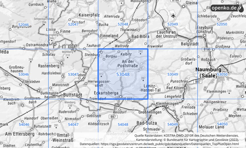 Übersichtskarte KOSTRA-DWD-2010R Rasterfeld Nr. 53048 mit angrenzenden Feldern