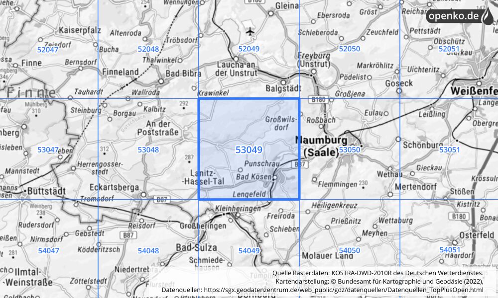Übersichtskarte KOSTRA-DWD-2010R Rasterfeld Nr. 53049 mit angrenzenden Feldern