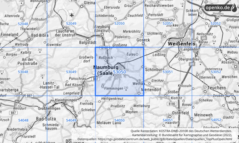 Übersichtskarte KOSTRA-DWD-2010R Rasterfeld Nr. 53050 mit angrenzenden Feldern