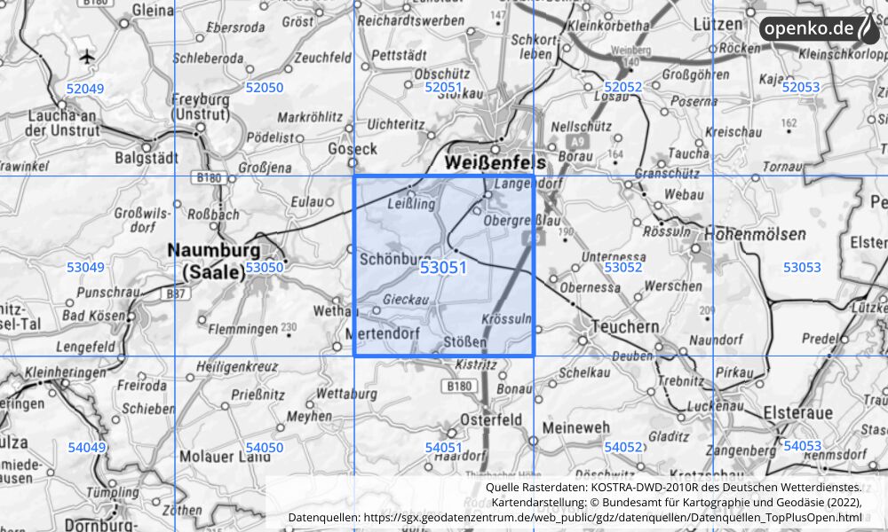 Übersichtskarte KOSTRA-DWD-2010R Rasterfeld Nr. 53051 mit angrenzenden Feldern