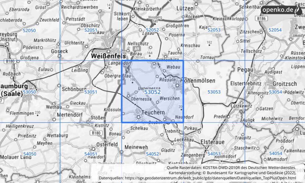 Übersichtskarte KOSTRA-DWD-2010R Rasterfeld Nr. 53052 mit angrenzenden Feldern