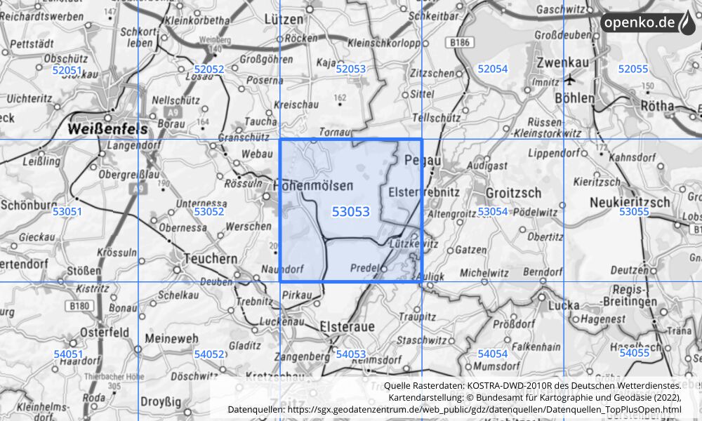 Übersichtskarte KOSTRA-DWD-2010R Rasterfeld Nr. 53053 mit angrenzenden Feldern