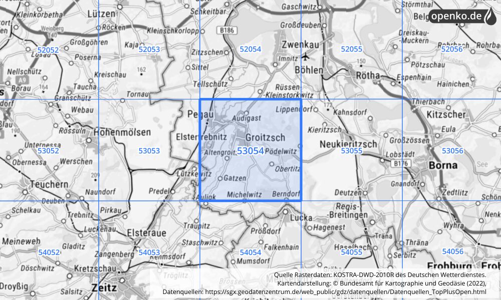 Übersichtskarte KOSTRA-DWD-2010R Rasterfeld Nr. 53054 mit angrenzenden Feldern
