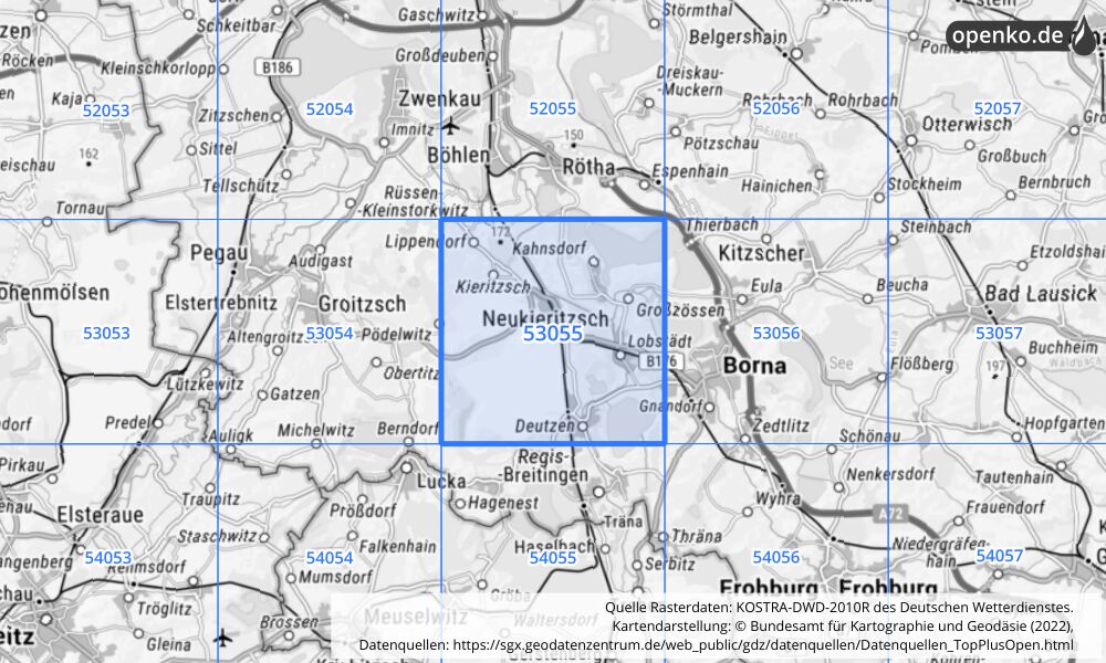 Übersichtskarte KOSTRA-DWD-2010R Rasterfeld Nr. 53055 mit angrenzenden Feldern