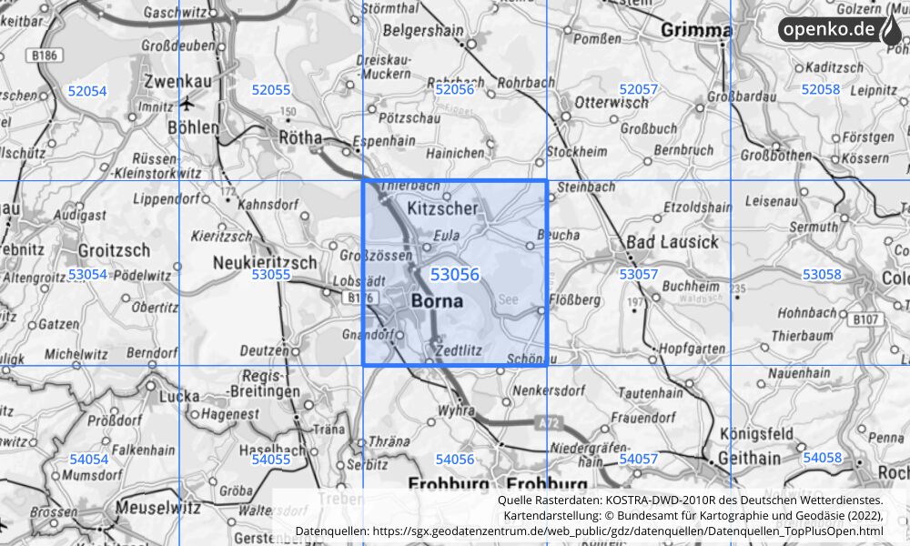 Übersichtskarte KOSTRA-DWD-2010R Rasterfeld Nr. 53056 mit angrenzenden Feldern