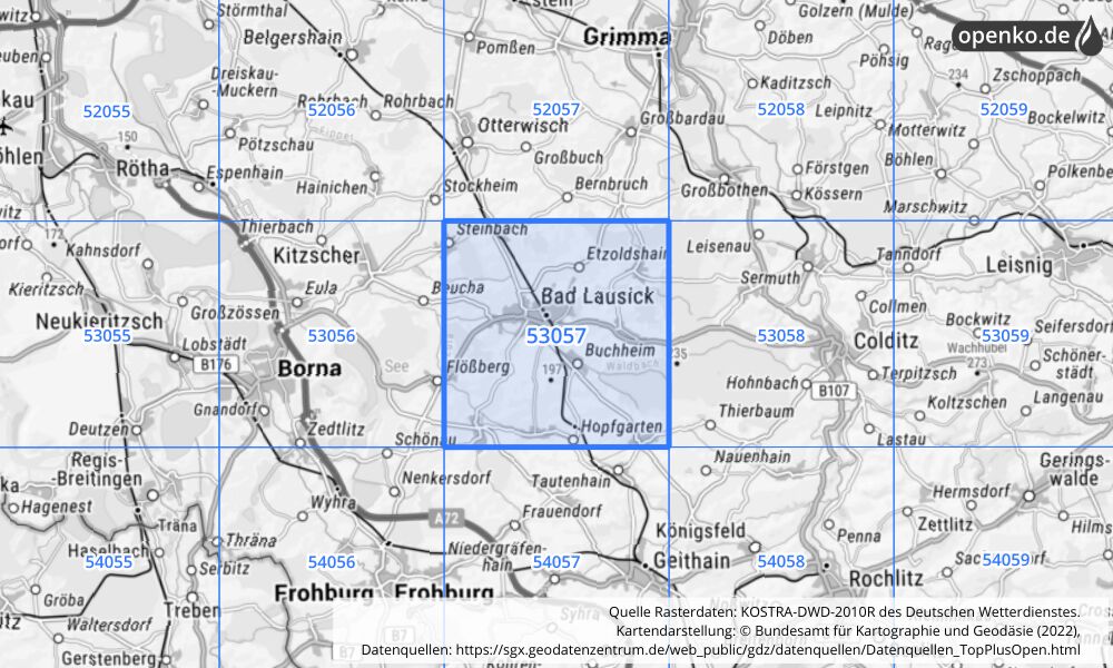 Übersichtskarte KOSTRA-DWD-2010R Rasterfeld Nr. 53057 mit angrenzenden Feldern