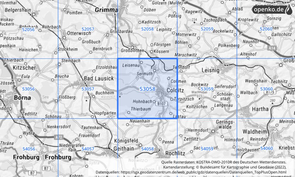 Übersichtskarte KOSTRA-DWD-2010R Rasterfeld Nr. 53058 mit angrenzenden Feldern