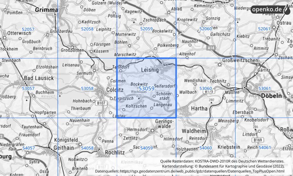 Übersichtskarte KOSTRA-DWD-2010R Rasterfeld Nr. 53059 mit angrenzenden Feldern