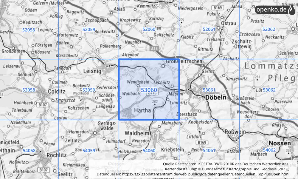 Übersichtskarte KOSTRA-DWD-2010R Rasterfeld Nr. 53060 mit angrenzenden Feldern