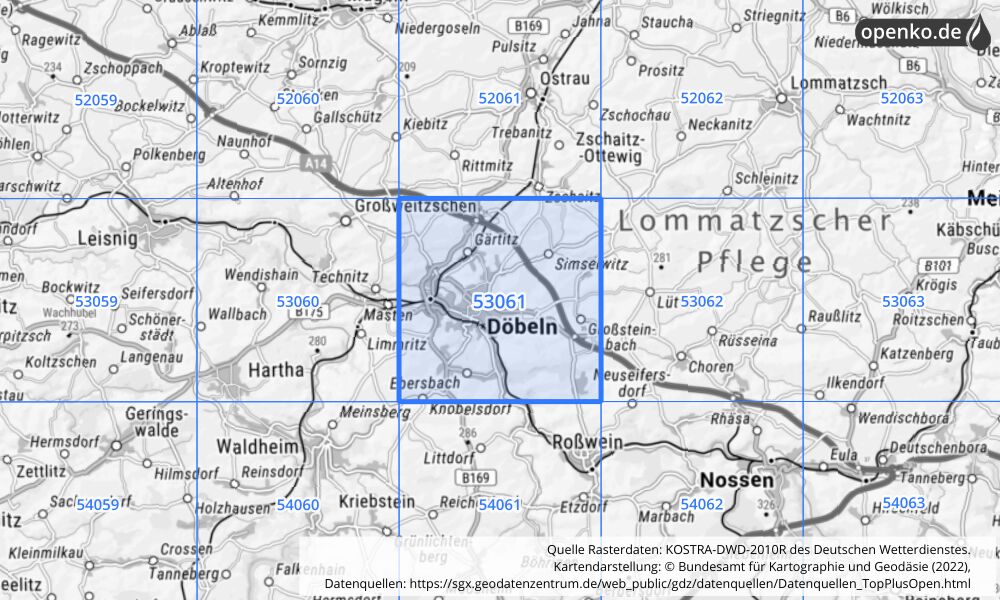 Übersichtskarte KOSTRA-DWD-2010R Rasterfeld Nr. 53061 mit angrenzenden Feldern