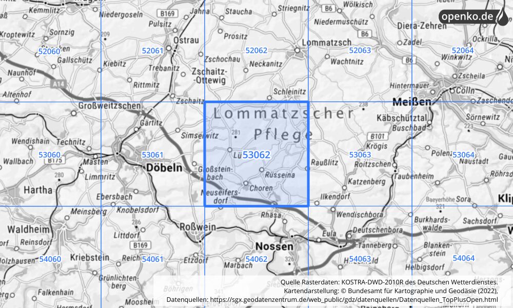 Übersichtskarte KOSTRA-DWD-2010R Rasterfeld Nr. 53062 mit angrenzenden Feldern