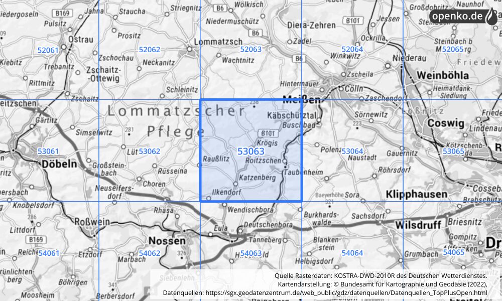 Übersichtskarte KOSTRA-DWD-2010R Rasterfeld Nr. 53063 mit angrenzenden Feldern