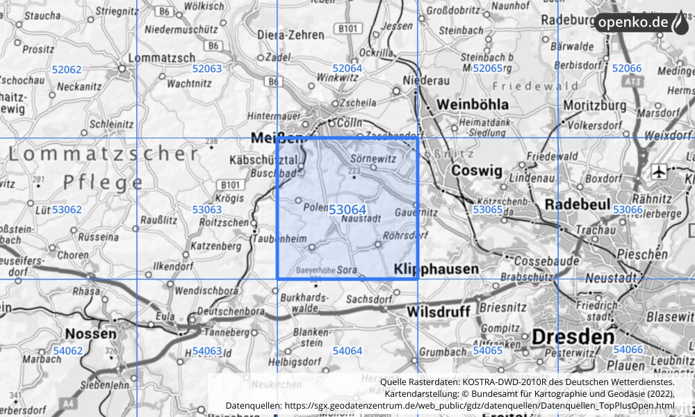 Übersichtskarte KOSTRA-DWD-2010R Rasterfeld Nr. 53064 mit angrenzenden Feldern