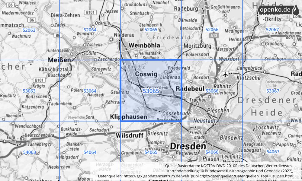 Übersichtskarte KOSTRA-DWD-2010R Rasterfeld Nr. 53065 mit angrenzenden Feldern