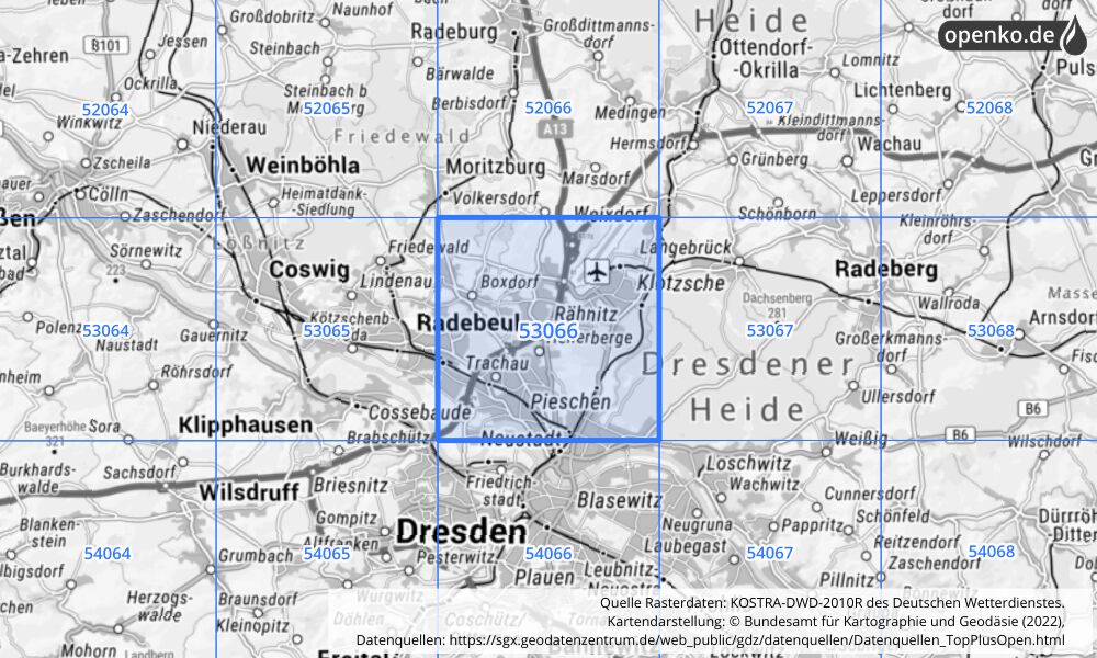 Übersichtskarte KOSTRA-DWD-2010R Rasterfeld Nr. 53066 mit angrenzenden Feldern