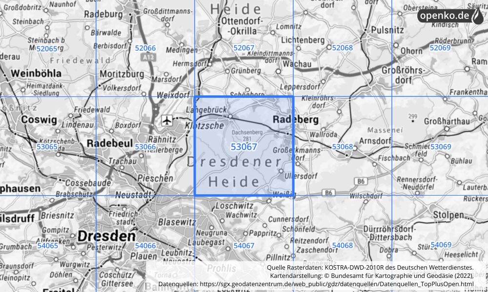 Übersichtskarte KOSTRA-DWD-2010R Rasterfeld Nr. 53067 mit angrenzenden Feldern