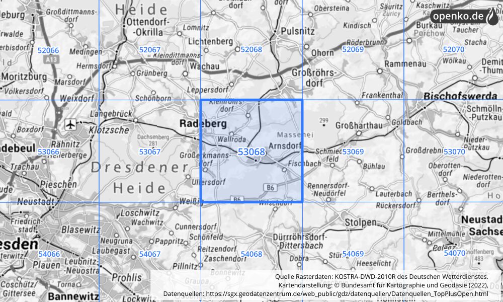 Übersichtskarte KOSTRA-DWD-2010R Rasterfeld Nr. 53068 mit angrenzenden Feldern