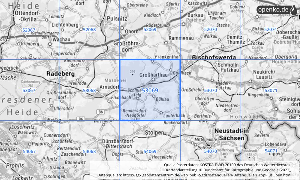 Übersichtskarte KOSTRA-DWD-2010R Rasterfeld Nr. 53069 mit angrenzenden Feldern