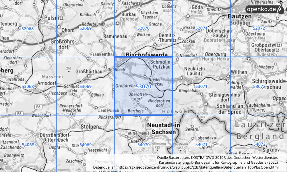 Übersichtskarte KOSTRA-DWD-2010R Rasterfeld Nr. 53070 mit angrenzenden Feldern