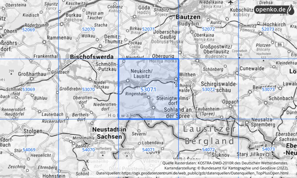 Übersichtskarte KOSTRA-DWD-2010R Rasterfeld Nr. 53071 mit angrenzenden Feldern