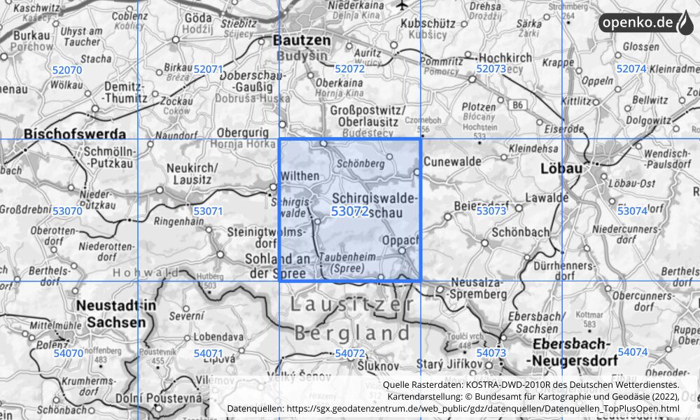 Übersichtskarte KOSTRA-DWD-2010R Rasterfeld Nr. 53072 mit angrenzenden Feldern