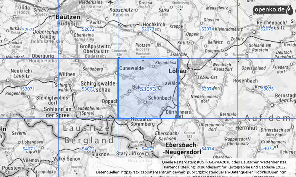 Übersichtskarte KOSTRA-DWD-2010R Rasterfeld Nr. 53073 mit angrenzenden Feldern