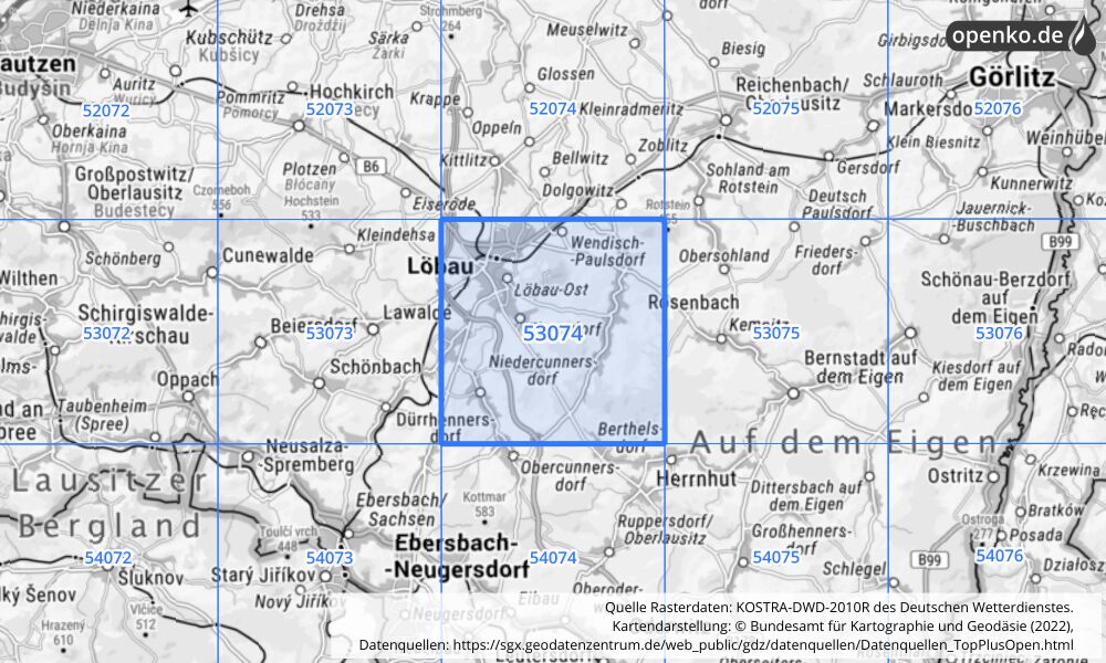 Übersichtskarte KOSTRA-DWD-2010R Rasterfeld Nr. 53074 mit angrenzenden Feldern