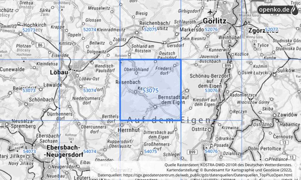 Übersichtskarte KOSTRA-DWD-2010R Rasterfeld Nr. 53075 mit angrenzenden Feldern