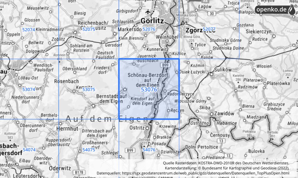 Übersichtskarte KOSTRA-DWD-2010R Rasterfeld Nr. 53076 mit angrenzenden Feldern