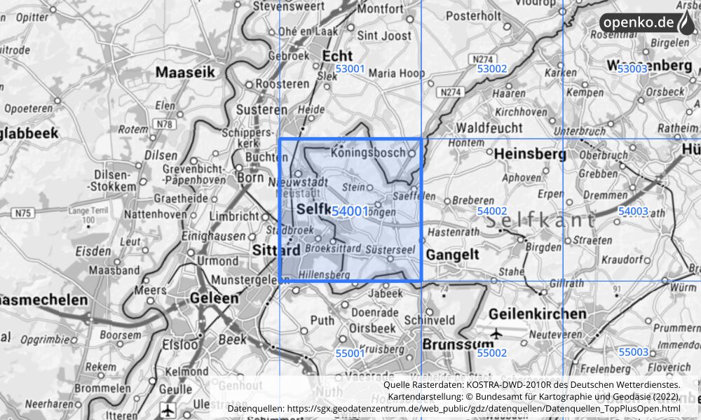 Übersichtskarte KOSTRA-DWD-2010R Rasterfeld Nr. 54001 mit angrenzenden Feldern