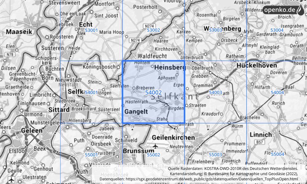 Übersichtskarte KOSTRA-DWD-2010R Rasterfeld Nr. 54002 mit angrenzenden Feldern