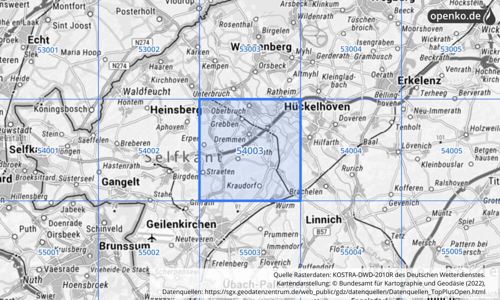 Übersichtskarte KOSTRA-DWD-2010R Rasterfeld Nr. 54003 mit angrenzenden Feldern