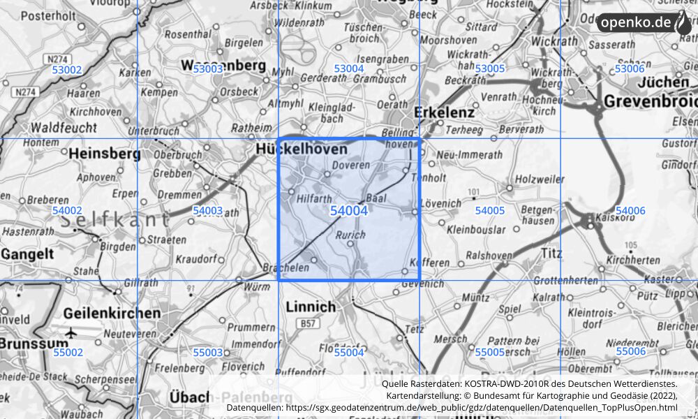 Übersichtskarte KOSTRA-DWD-2010R Rasterfeld Nr. 54004 mit angrenzenden Feldern