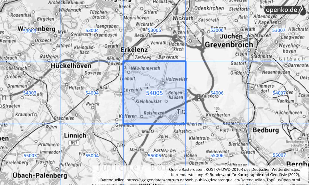 Übersichtskarte KOSTRA-DWD-2010R Rasterfeld Nr. 54005 mit angrenzenden Feldern