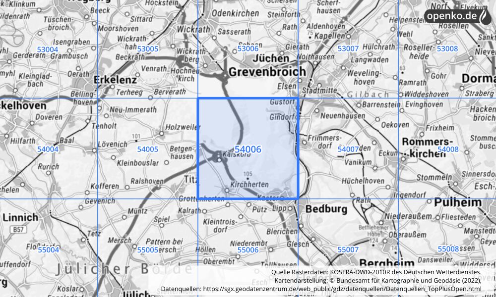 Übersichtskarte KOSTRA-DWD-2010R Rasterfeld Nr. 54006 mit angrenzenden Feldern