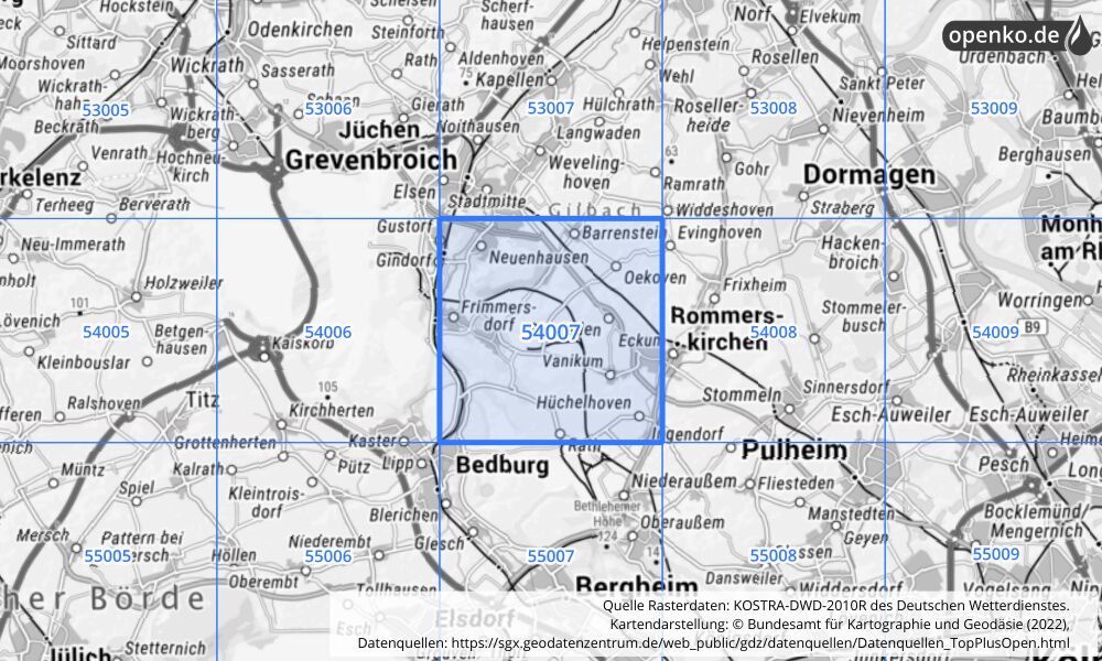 Übersichtskarte KOSTRA-DWD-2010R Rasterfeld Nr. 54007 mit angrenzenden Feldern