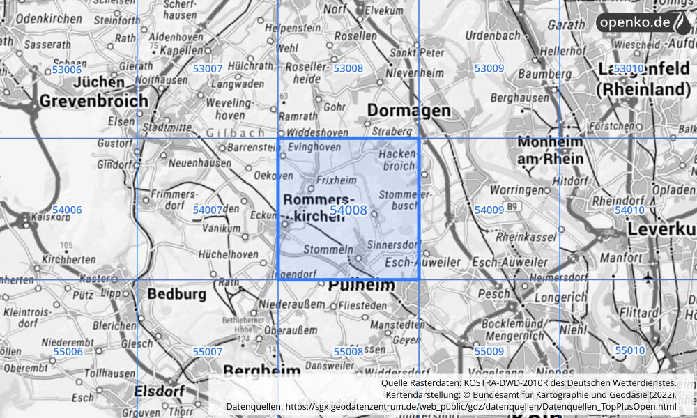 Übersichtskarte KOSTRA-DWD-2010R Rasterfeld Nr. 54008 mit angrenzenden Feldern