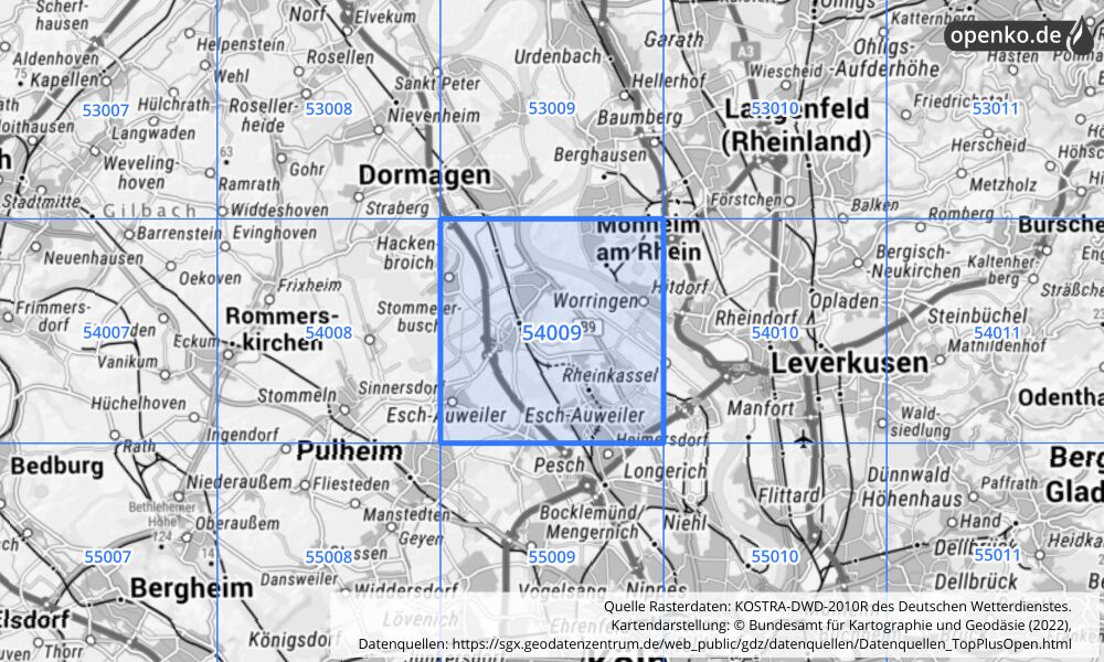 Übersichtskarte KOSTRA-DWD-2010R Rasterfeld Nr. 54009 mit angrenzenden Feldern