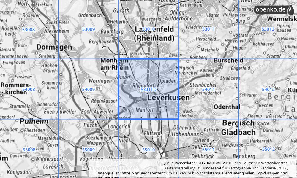 Übersichtskarte KOSTRA-DWD-2010R Rasterfeld Nr. 54010 mit angrenzenden Feldern