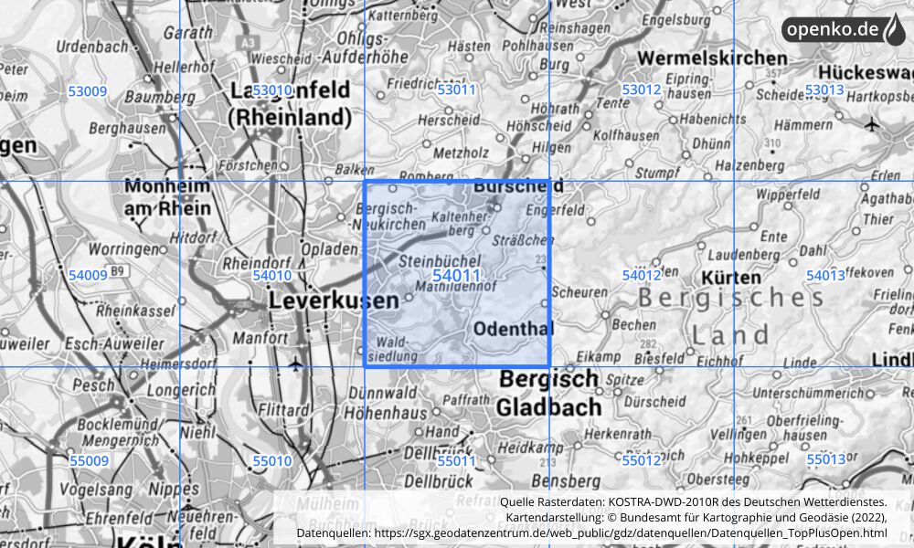 Übersichtskarte KOSTRA-DWD-2010R Rasterfeld Nr. 54011 mit angrenzenden Feldern