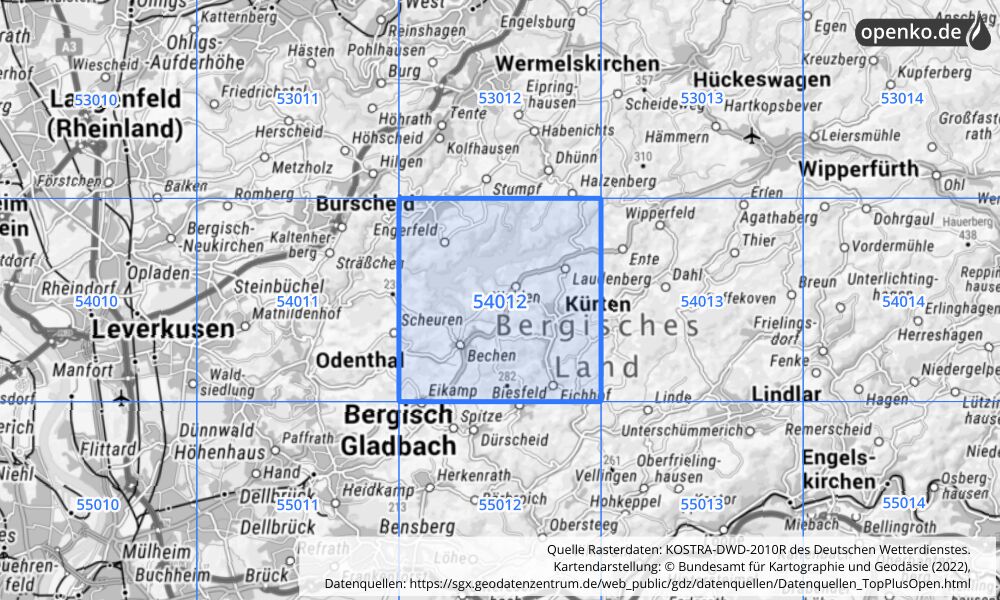 Übersichtskarte KOSTRA-DWD-2010R Rasterfeld Nr. 54012 mit angrenzenden Feldern