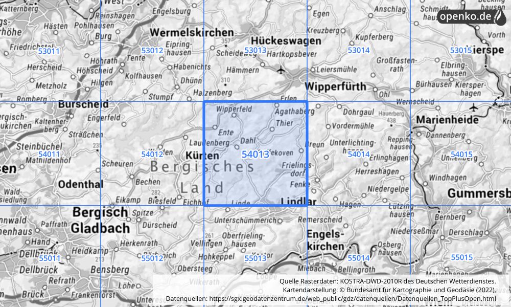 Übersichtskarte KOSTRA-DWD-2010R Rasterfeld Nr. 54013 mit angrenzenden Feldern