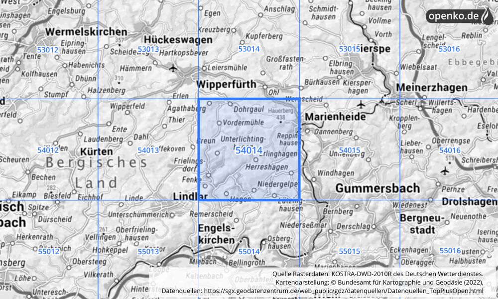 Übersichtskarte KOSTRA-DWD-2010R Rasterfeld Nr. 54014 mit angrenzenden Feldern