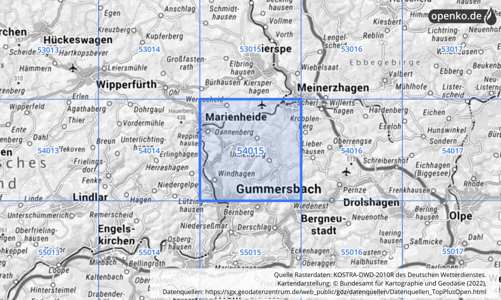 Übersichtskarte KOSTRA-DWD-2010R Rasterfeld Nr. 54015 mit angrenzenden Feldern