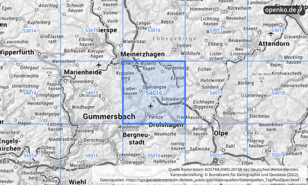 Übersichtskarte KOSTRA-DWD-2010R Rasterfeld Nr. 54016 mit angrenzenden Feldern