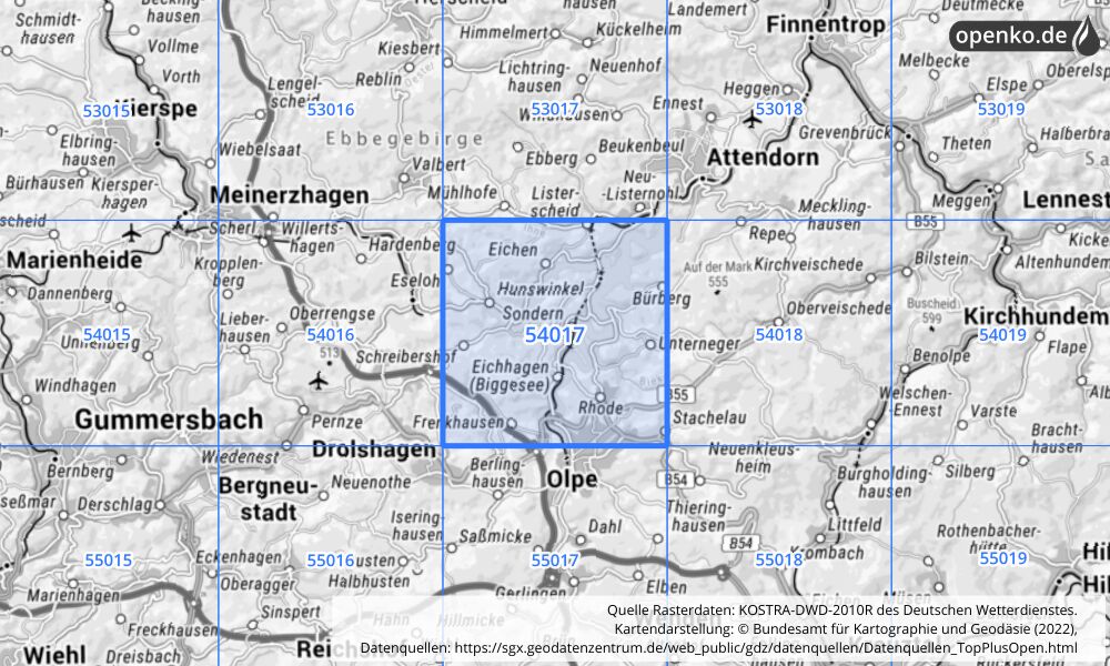 Übersichtskarte KOSTRA-DWD-2010R Rasterfeld Nr. 54017 mit angrenzenden Feldern