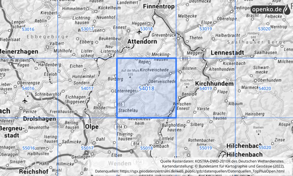 Übersichtskarte KOSTRA-DWD-2010R Rasterfeld Nr. 54018 mit angrenzenden Feldern