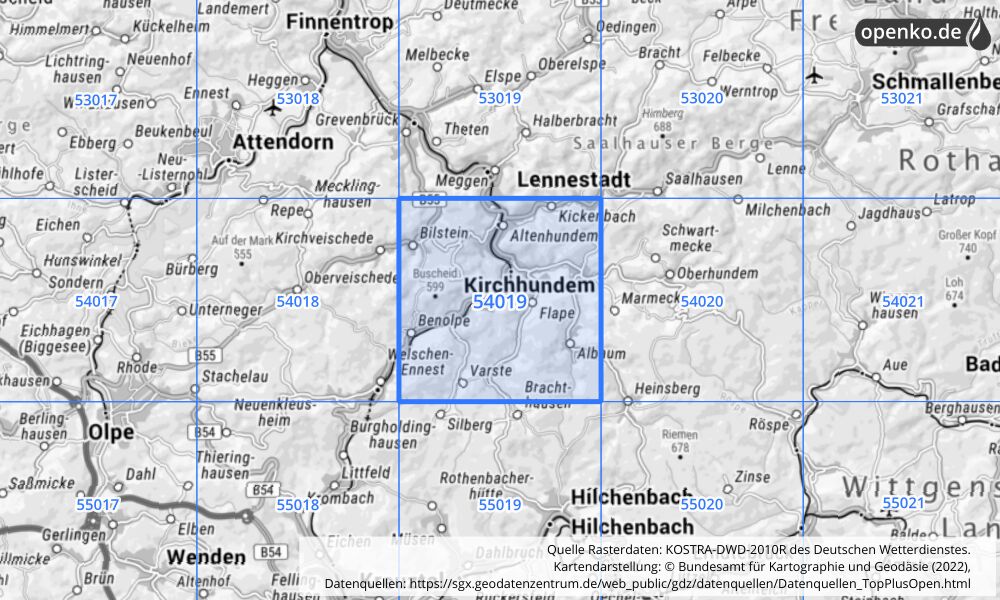 Übersichtskarte KOSTRA-DWD-2010R Rasterfeld Nr. 54019 mit angrenzenden Feldern