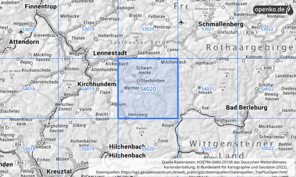 Übersichtskarte KOSTRA-DWD-2010R Rasterfeld Nr. 54020 mit angrenzenden Feldern